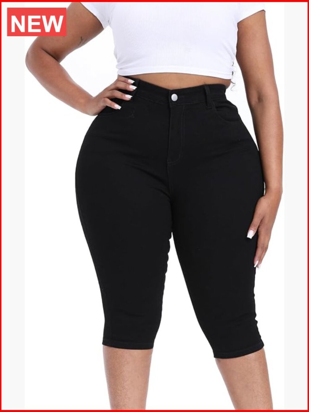 Plus Size Stretchy Capri Jean Shorts High Waisted Cropped Pants 17" Inseam